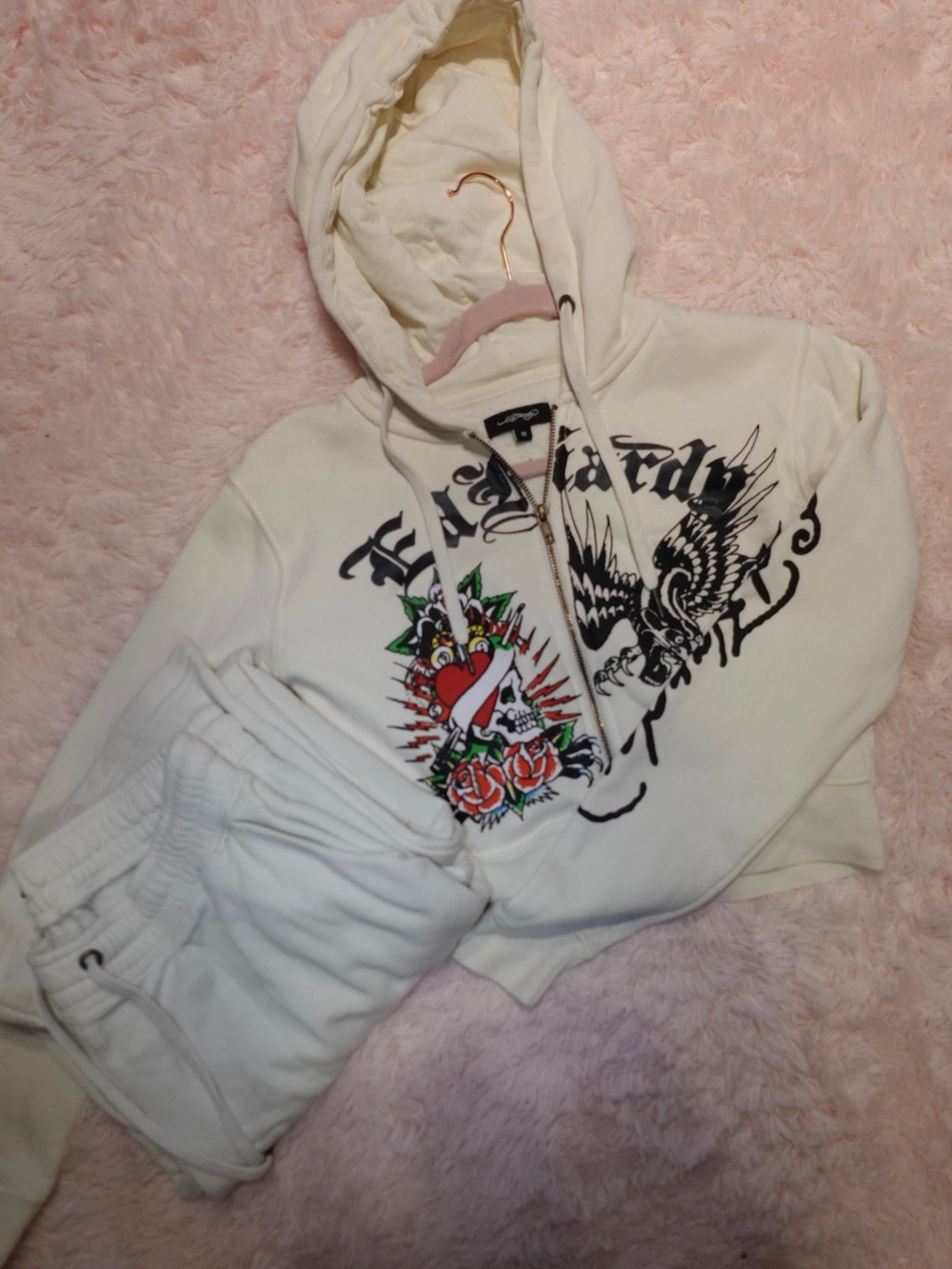 Ed Hardy SET Cream Zip Hoodie and Jogger Set with Tattoo Graphic